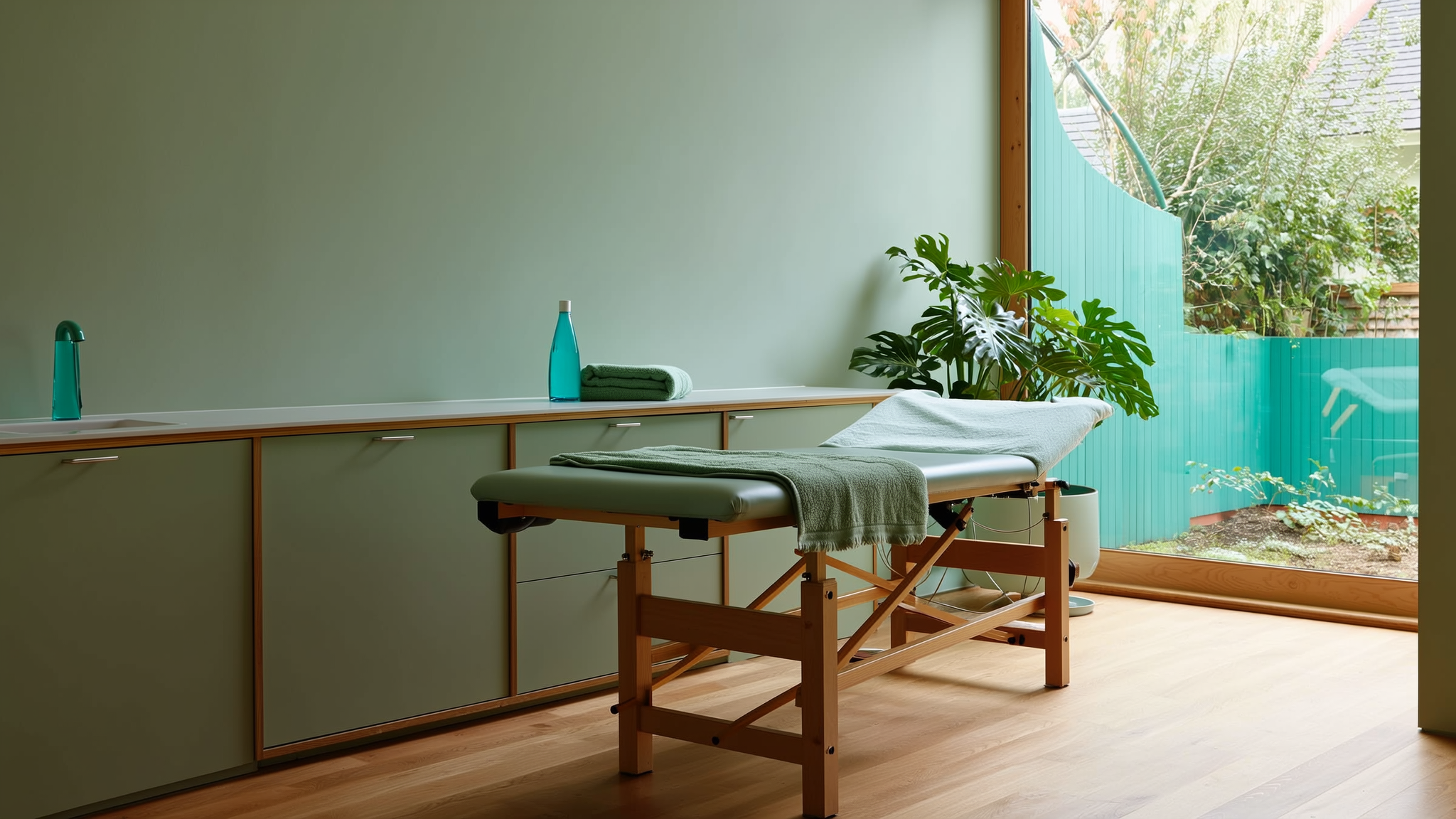 Een rustige behandelruimte met een houten massagetafel, een grote plant en uitzicht op de tuin