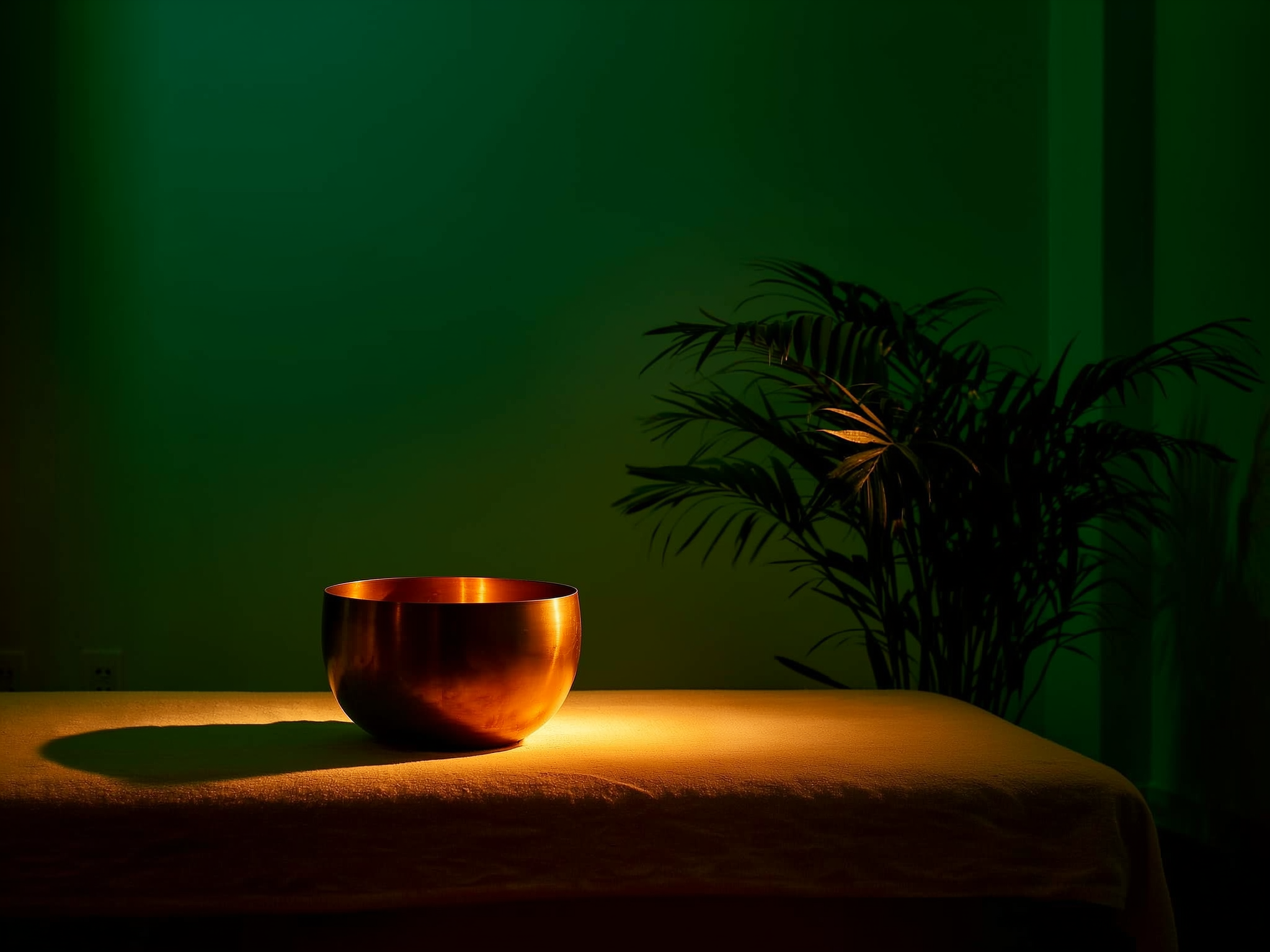Een koperen klankschaal in warm licht op een behandeltafel, naast een plant tegen een diepgroene muur