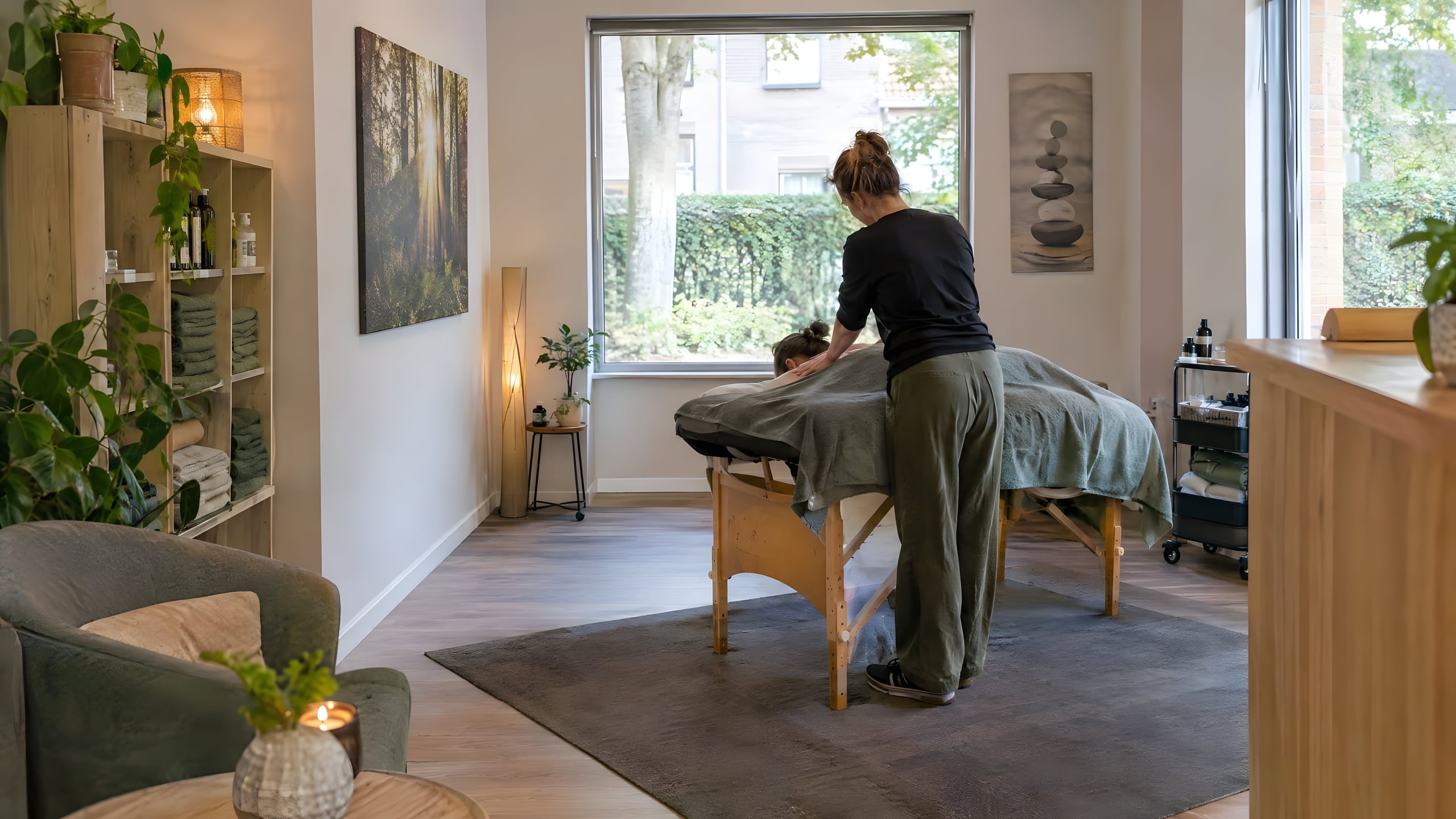 Een lichte behandelruimte met een massagetafel bij een groot raam; een therapeut behandelt een cliënt onder een groene deken